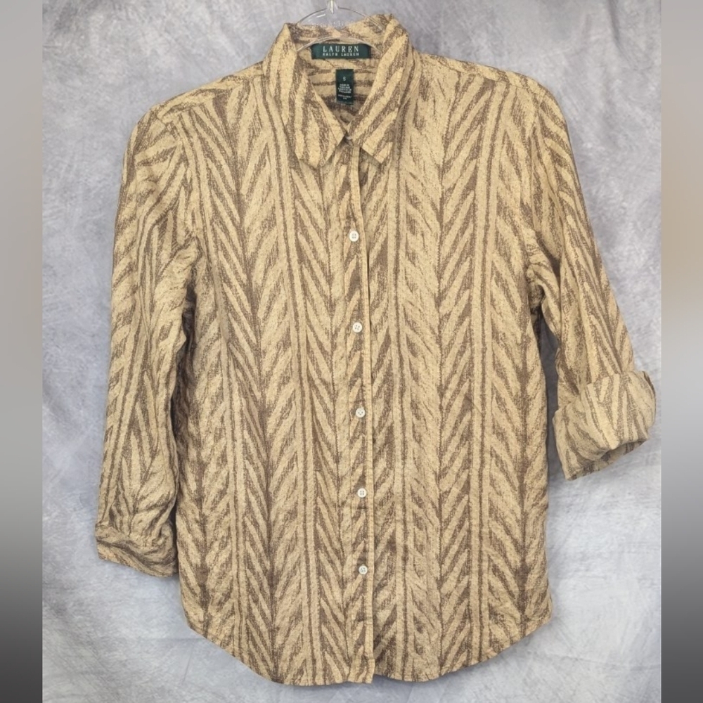 Lauren Ralph Lauren Size Small 100% Linen Button Down Shirt With Natural Print